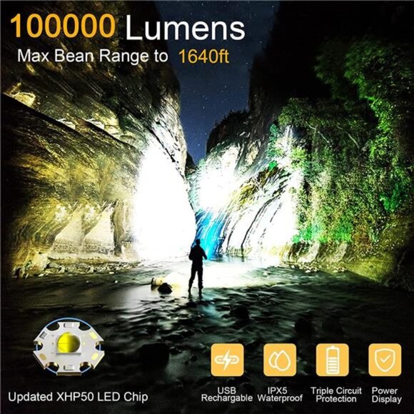 100000 High Lumens Flashlights,Usb Rechargeable Powerful Waterproof Super - Picture 3 of 7
